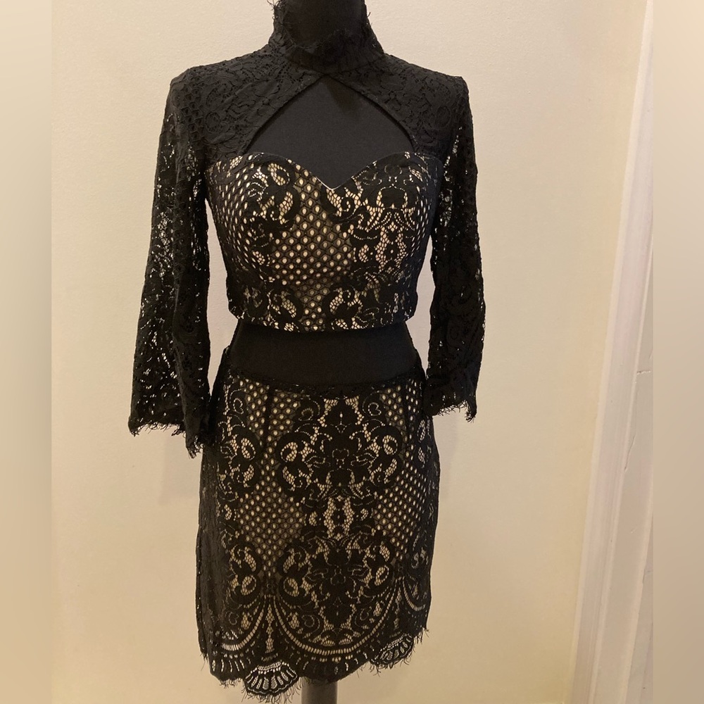 Bebe Olivia black/nude lace Skirt + Crop Top with long sleeves